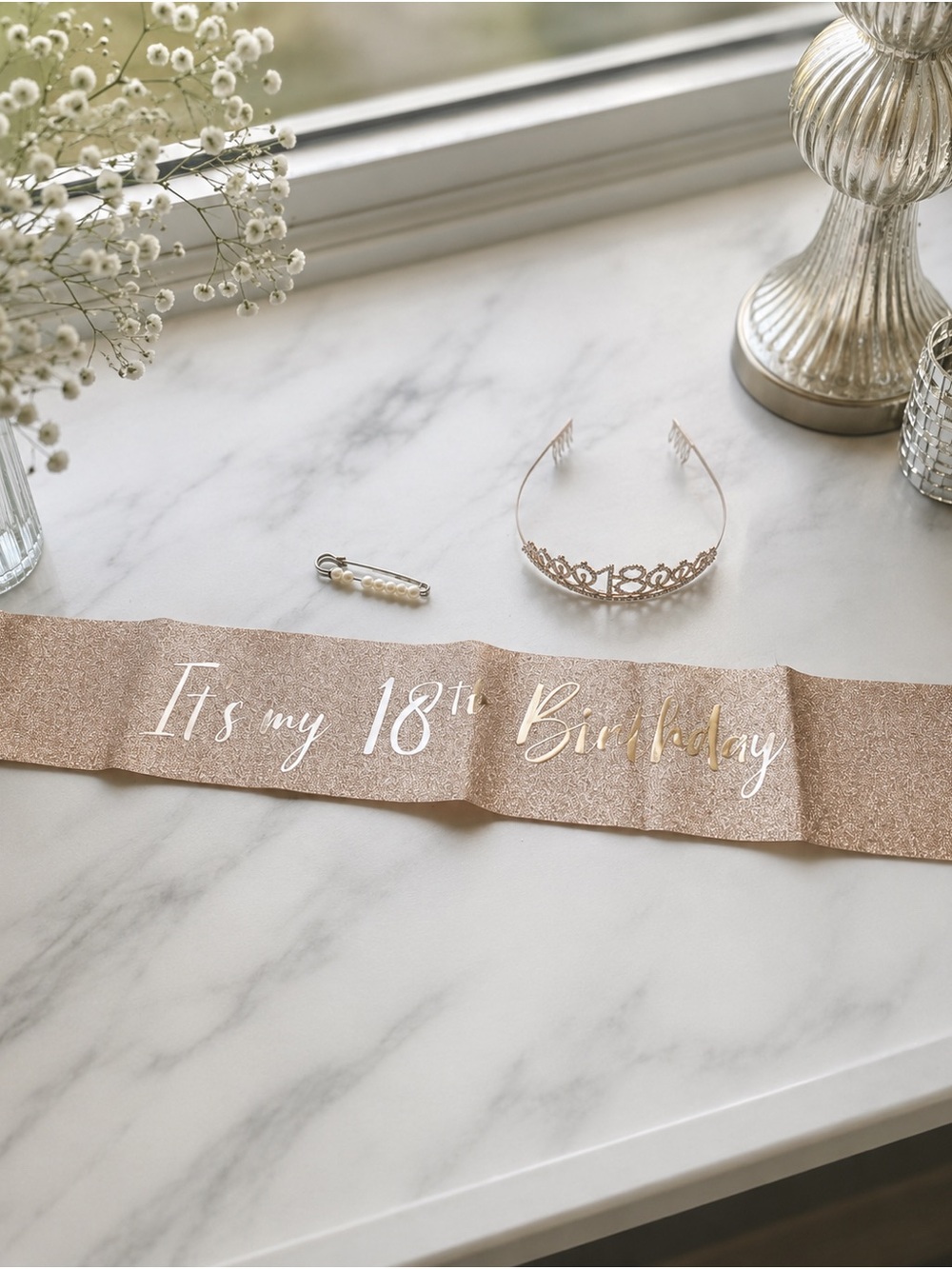 Sparkling '18' Birthday Tiara Headband - Rose Gold Glitter